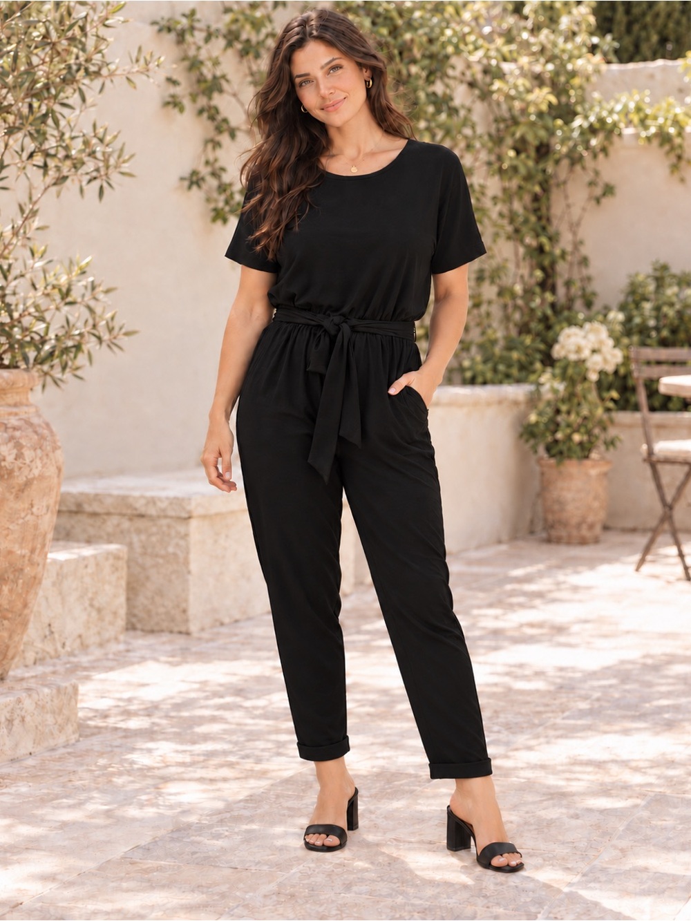 Smash + Tess Jemma Black Tie Waist Short Sleeve Romper Jumpsuit
